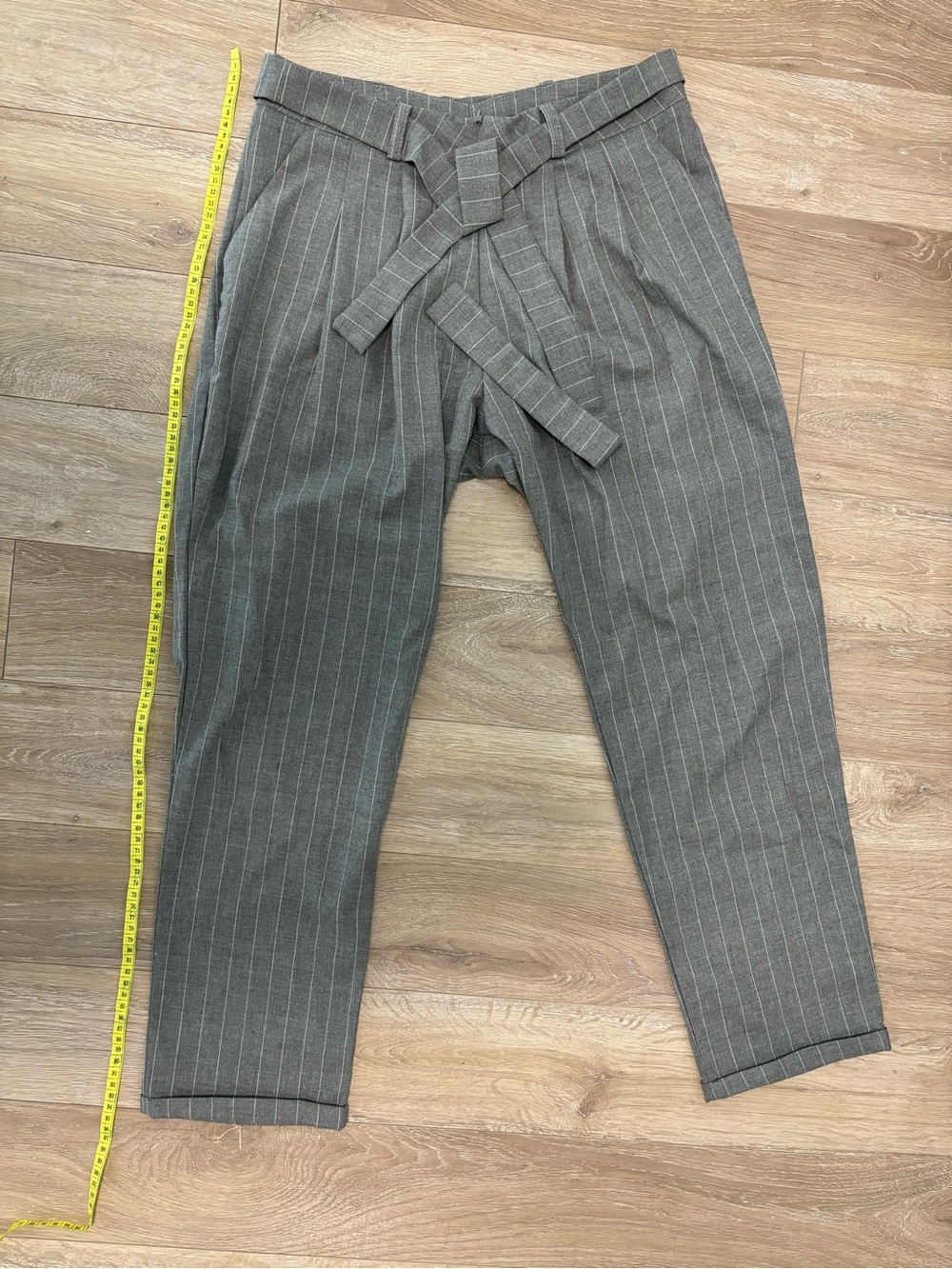 Women's Gray Pinstripe Tapered Dress Pants with Belt